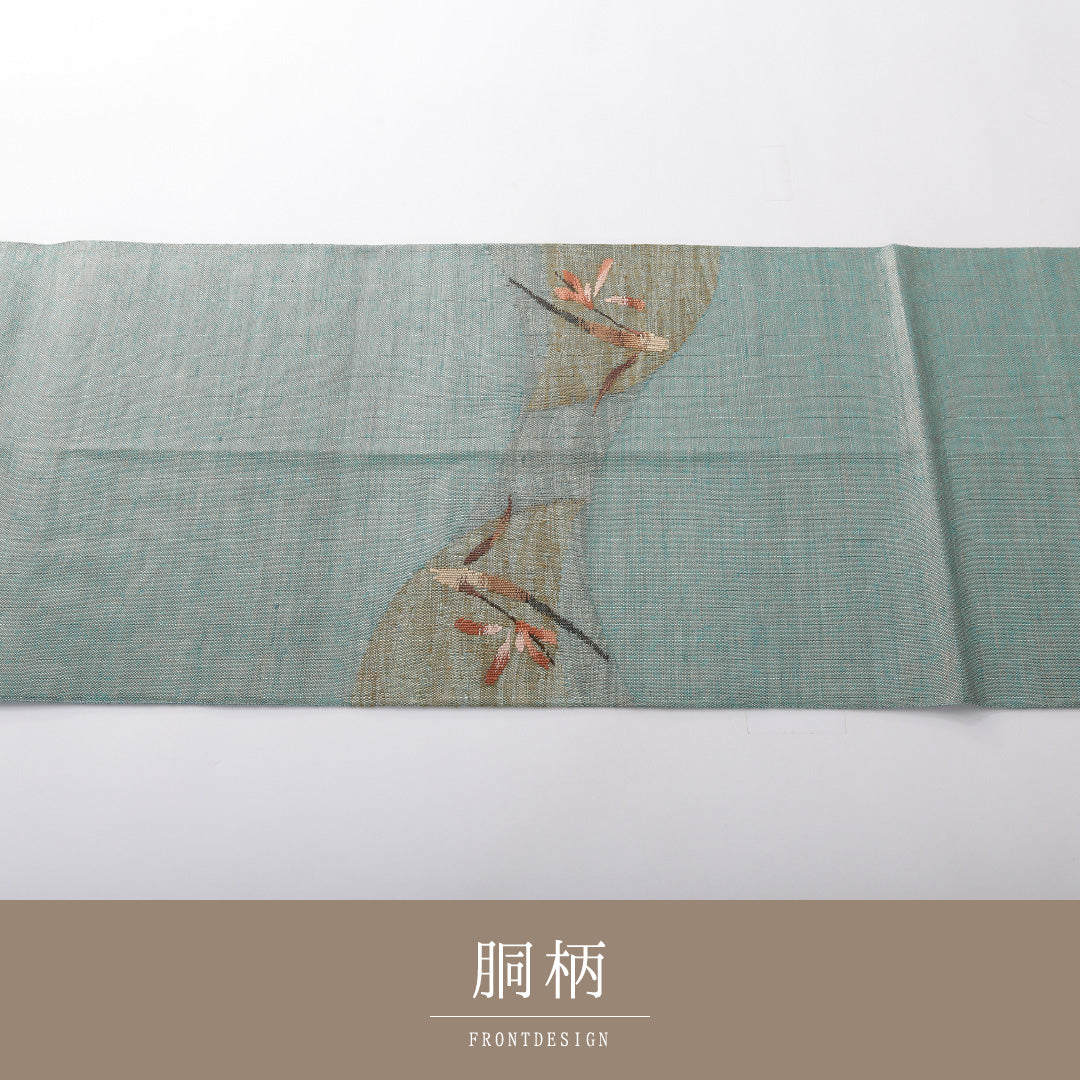 袋帯（紬） 帯丈448cm 正絹 ポイント柄 インフォーマル すくい織 花柄 緑系 1243-02092