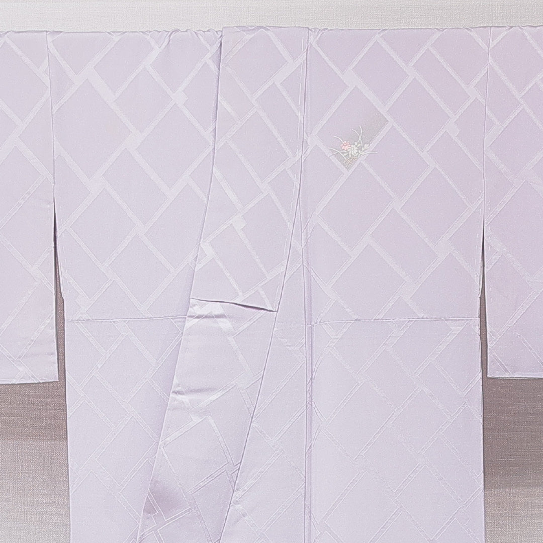 付下げ 袷 身丈156cm 裄丈65cm 正絹 Cランク 一つ紋 (桔梗) セミフォーマル 広衿 Mサイズ 刺繍 金駒刺繍 竜胆 笠松 紫系 HP 1218-15191