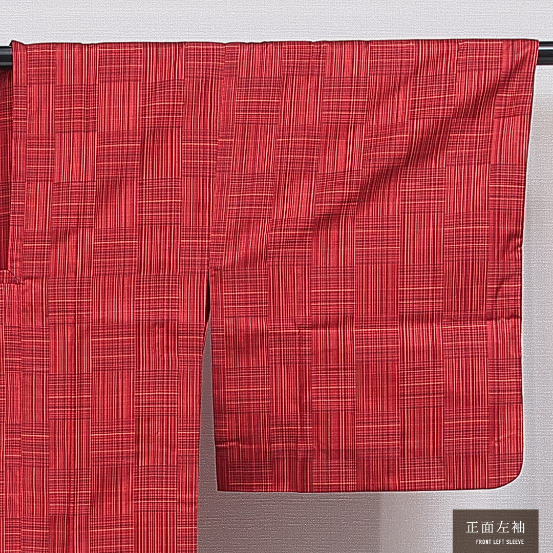 道行コート 単衣 身丈126cm 裄丈63cm 正絹 Sランク Sサイズ ポケットあり 格子 赤系 RP 1237-16135