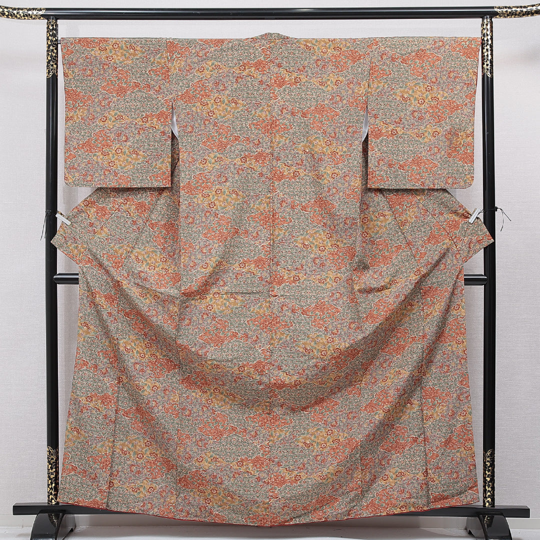 小紋 洗える着物 袷 身丈165cm 裄丈67cm ポリエステル Sランク XLサイズ 広衿 インフォーマル 花柄 多色系 茶系 1215-15799