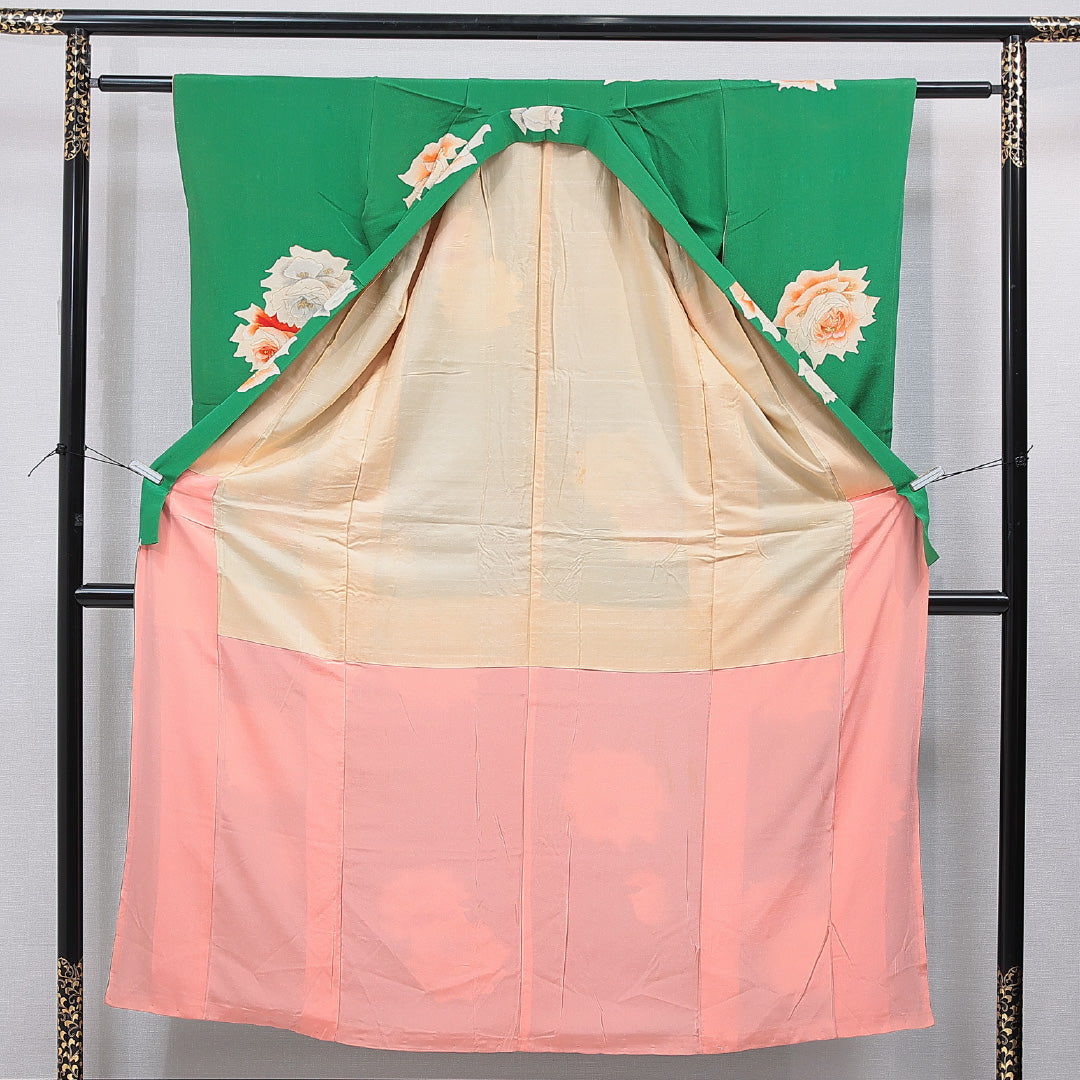 アンティーク 小紋 袷 身丈152cm 裄丈55cm 正絹 Cランク バチ衿 Sサイズ 金彩 薔薇 緑系 M4 1221-15494