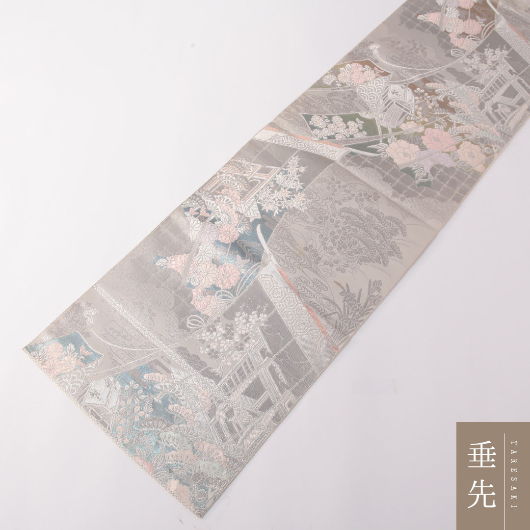 袋帯 帯丈416cm フォーマル 六通 Cランク 正絹 吉祥文様 銀系 1223-01768