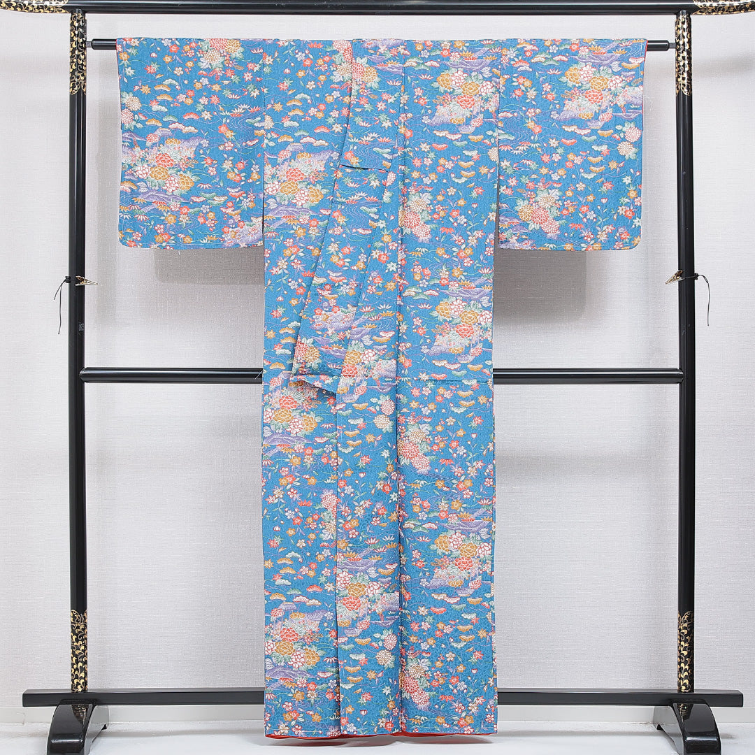 小紋 洗える着物 袷 身丈161cm 裄丈64cm ポリエステル Sランク Lサイズ 広衿 インフォーマル 古典柄 青系 1215-16208