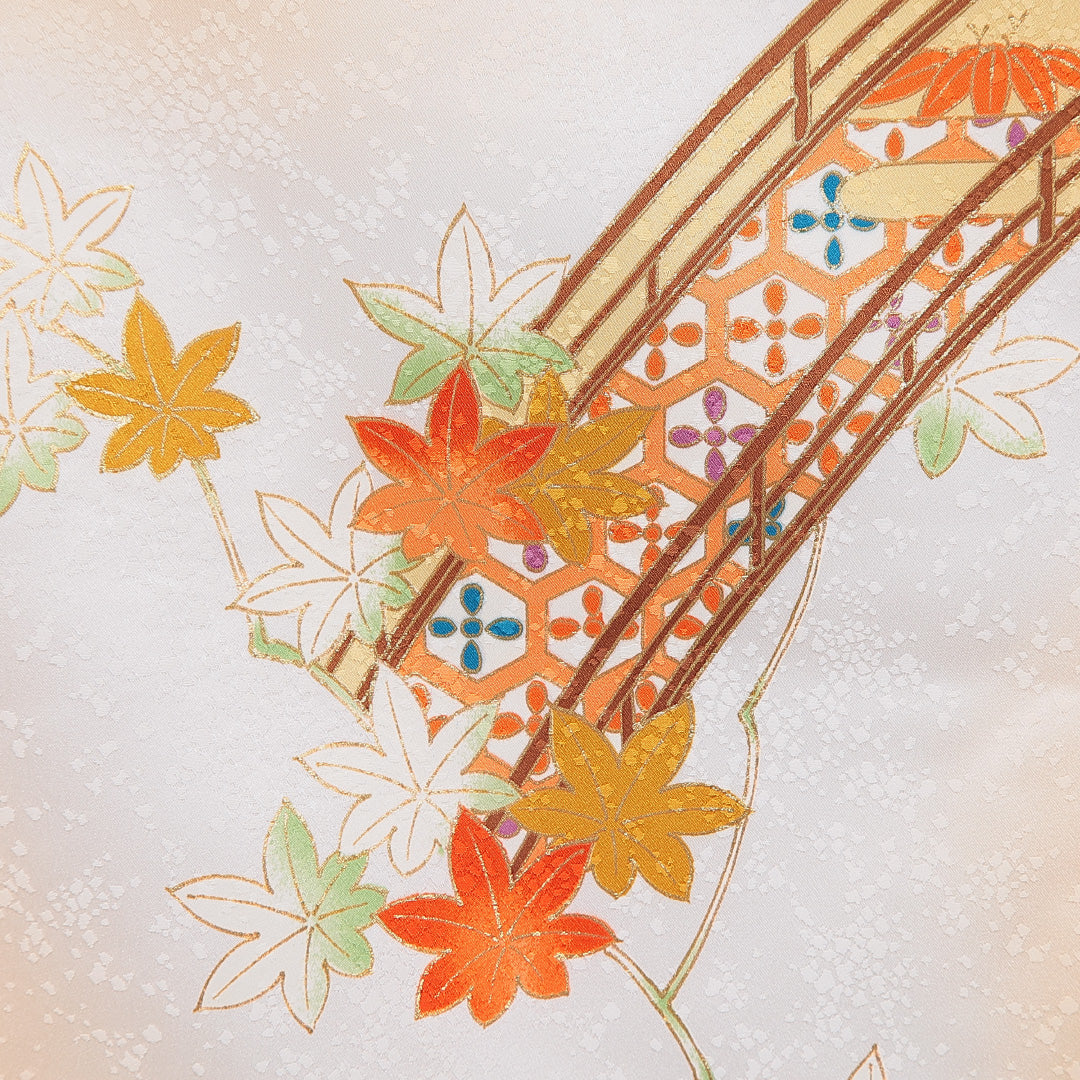 付下げ 洗える着物 袷 身丈162cm 裄丈64cm ポリエステル Cランク Lサイズ 広衿 インフォーマル 古典柄 橋 朱系 クリーム系 1261-16387