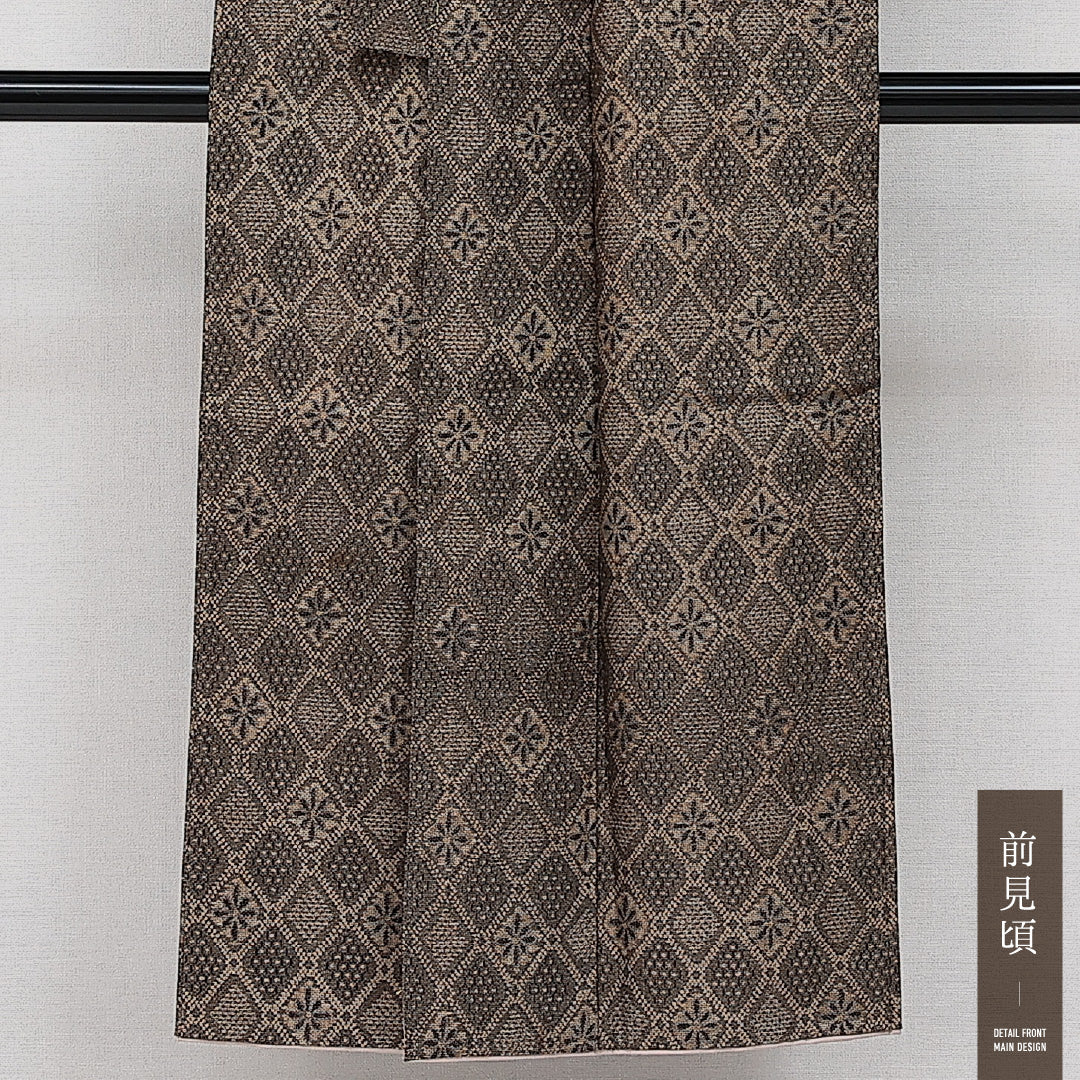 アンティーク 紬 袷 身丈146cm 裄丈60cm 正絹 紬ランク XSサイズ バチ衿 菱 グレー系 茶系 1216-14361
