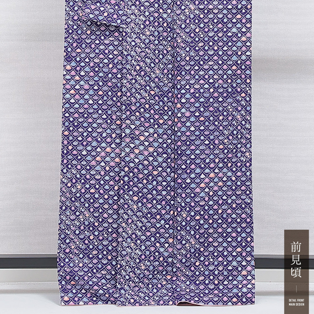 洗える着物 小紋 袷 身丈163cm 裄丈64cm ポリエステル Sランク インフォーマル 広衿 Lサイズ 菊 梅 紫系 RP 1221-16296