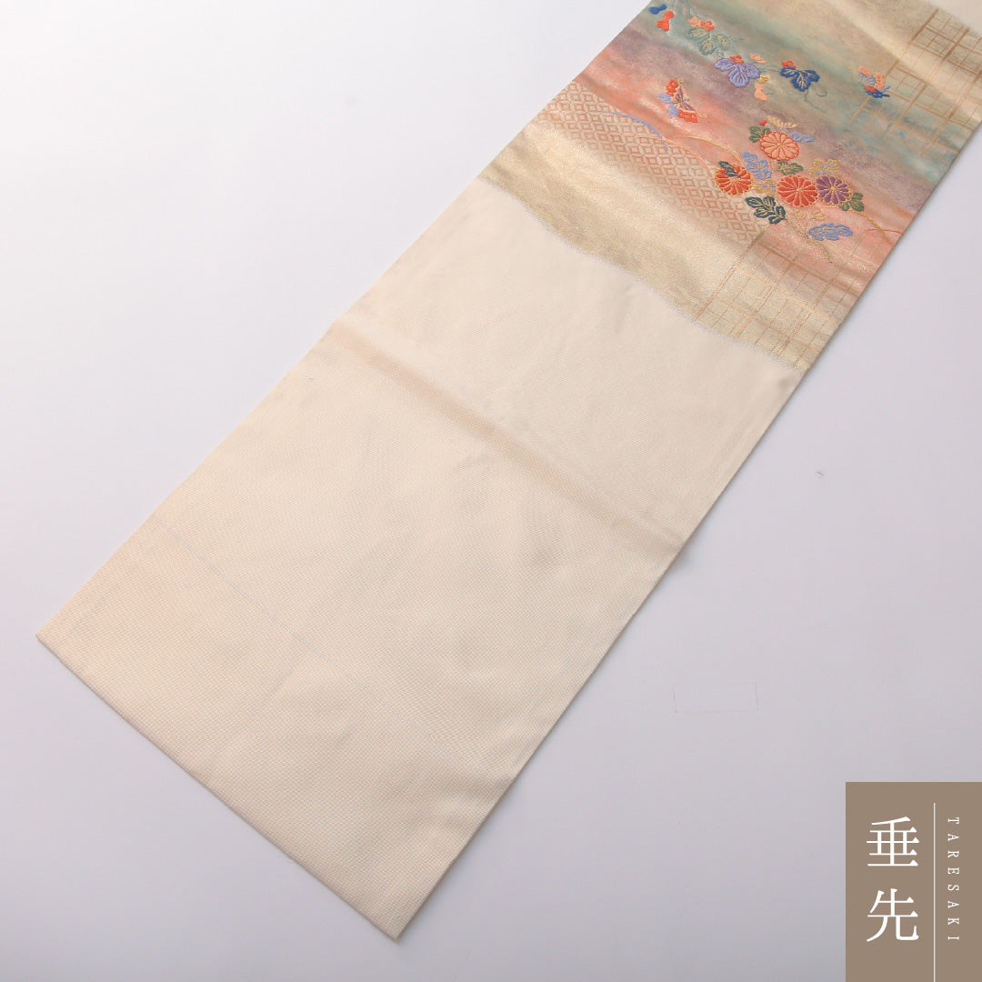 九寸名古屋帯 Aランク 帯丈364cm 正絹 六通 名古屋仕立て 織り インフォーマル 蝶 ひょうたん 菊 クリーム系 RP 1245-03341