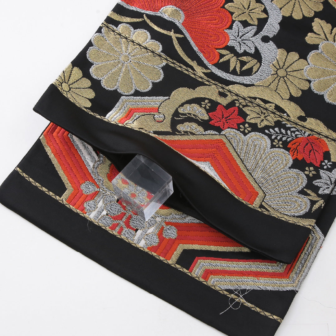 袋帯 帯丈414cm フォーマル 六通 未仕立て 帯芯なし Aランク 正絹 毘沙門亀甲 菊 黒系 1223-02229