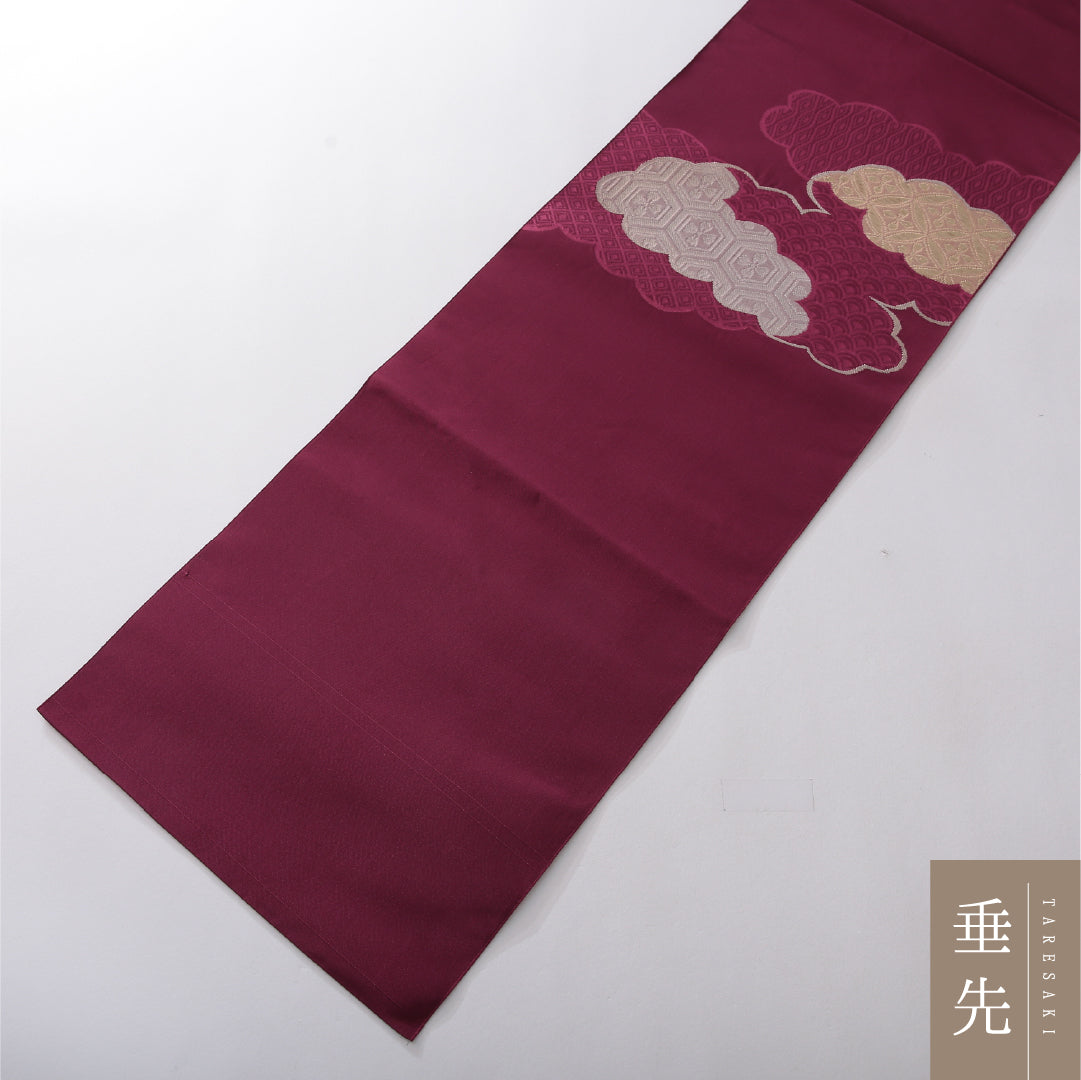 八寸名古屋帯 帯丈355cm セミフォーマル 松葉仕立て ポイント柄 Aランク 正絹 吉祥文様 雲取り 紫系 赤系 1224-03834