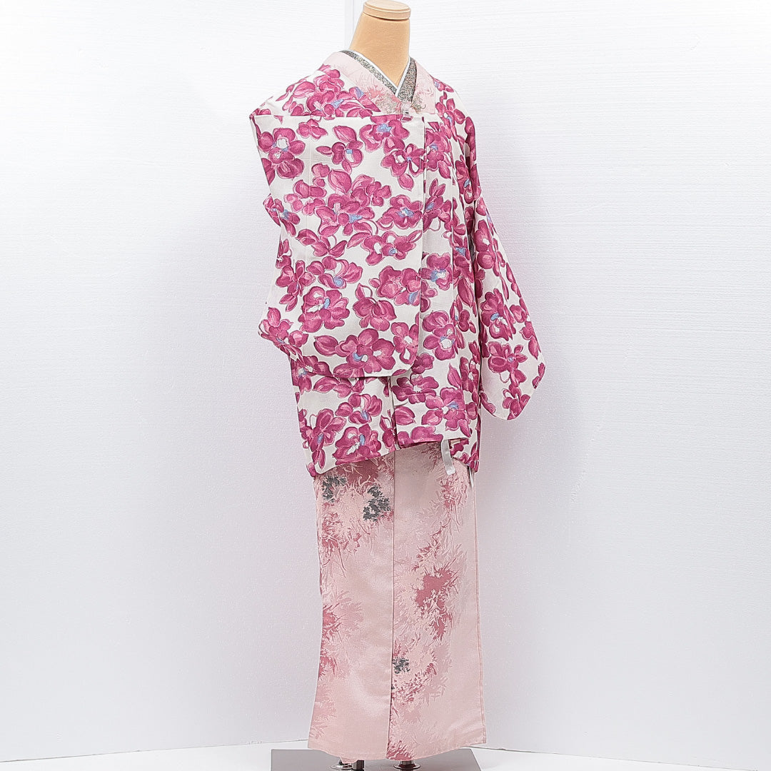 道行コート 袷 身丈83cm 裄丈63cm 正絹 Sランク セミフォーマル Sサイズ ポケットあり 芙蓉 白系 RP 1237-15316