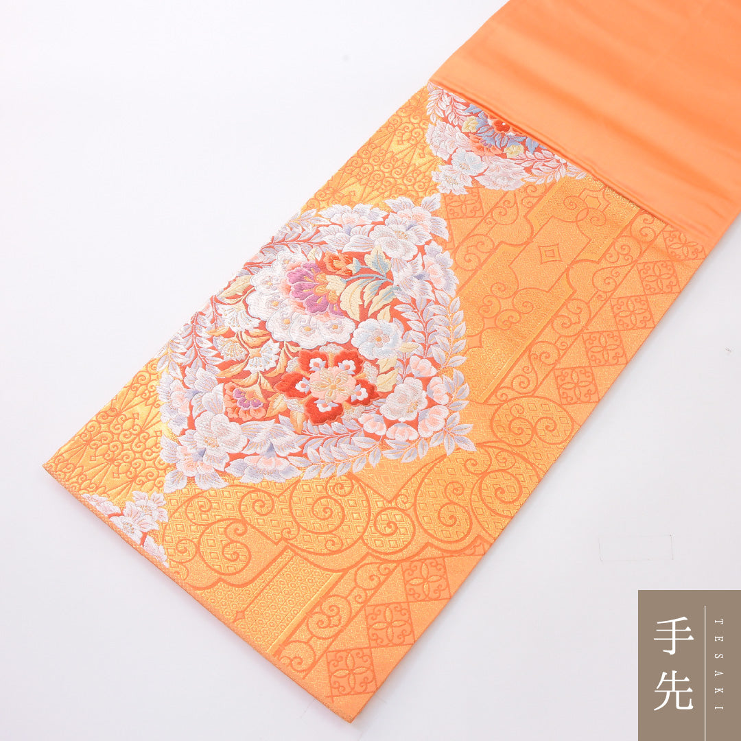 袋帯 帯丈428cm 西方煌秀華文 フォーマル 六通 Sランク 正絹 宝相華 ピンク系 金系 1223-02243