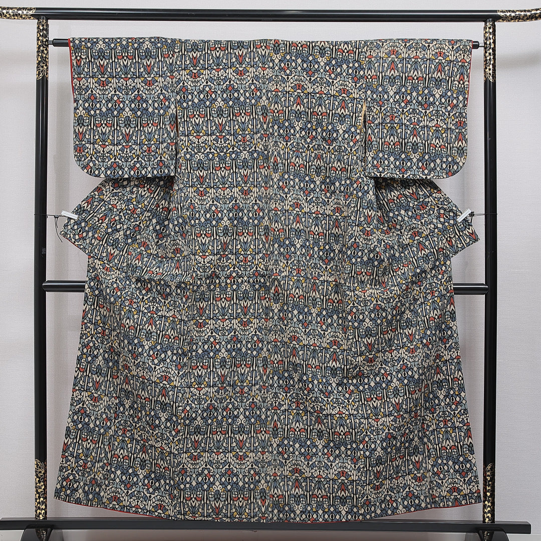 アンティーク お召 袷 身丈155cm 裄丈62cm 正絹 Cランク Mサイズ 広衿 創作柄 多色系 1265-16042