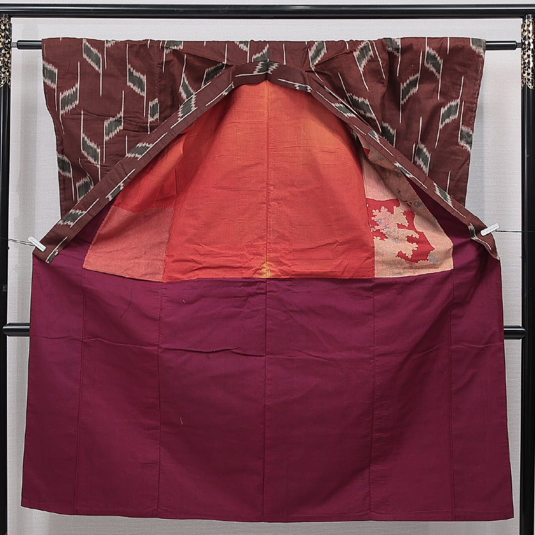 アンティーク 紬 袷 身丈140cm 裄丈61cm 正絹 Cランク 広衿 XSサイズ 絣 茶系 RP 1223-15515