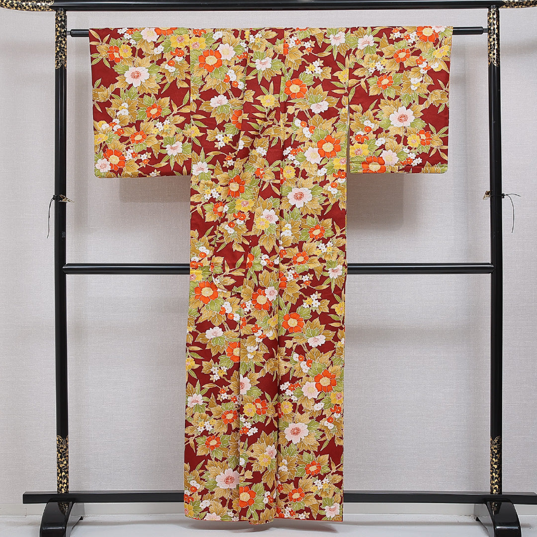 洗える着物 小紋 袷 身丈158cm 裄丈63cm ポリエステル Sランク インフォーマル 広衿 Mサイズ 花柄 赤系 RP 1221-16109
