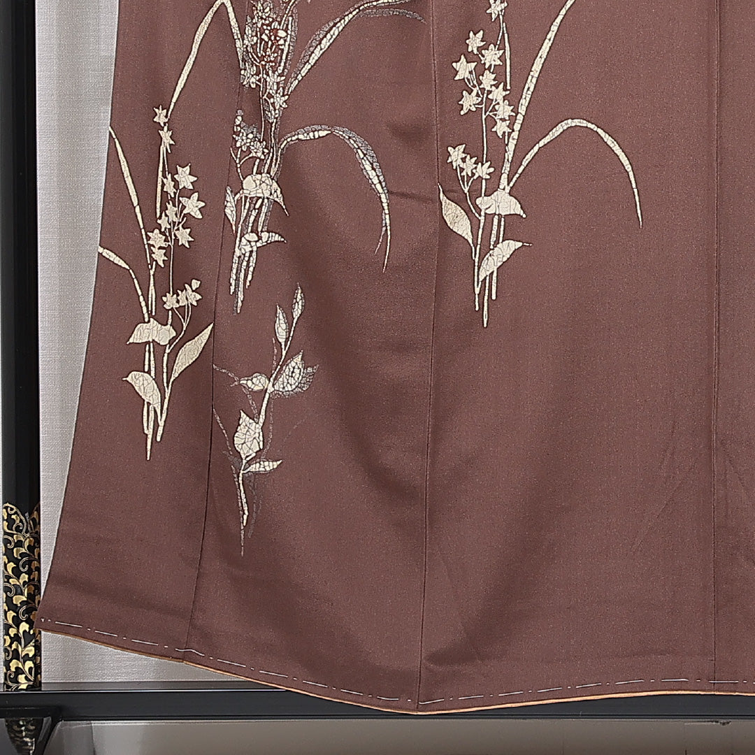 付下げ 袷 身丈155cm 裄丈66cm 正絹 Cランク Mサイズ 広衿 インフォーマル 花柄 茶系 1261-15776
