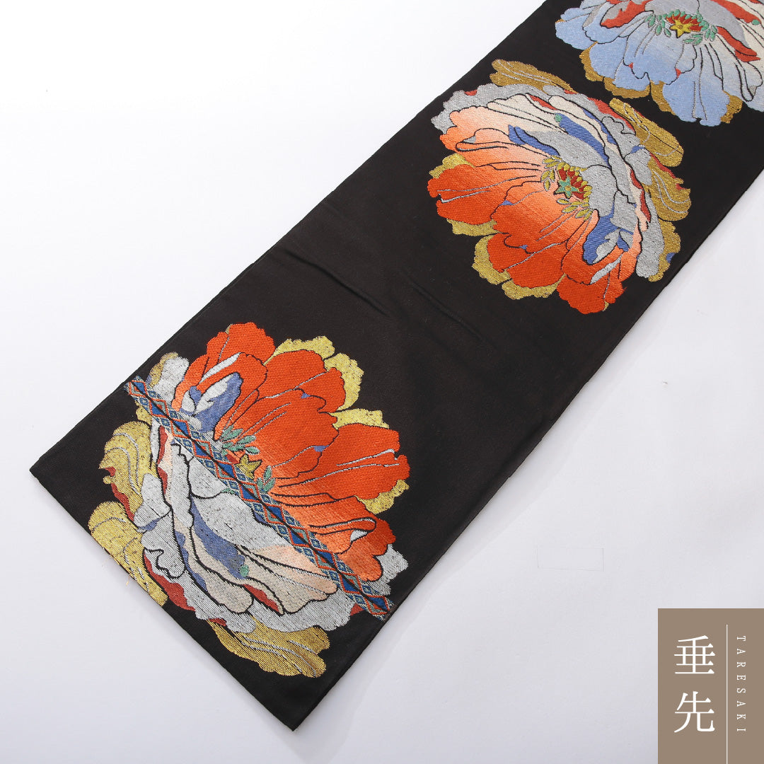 アンティーク 袋帯 帯丈414cm 六通 帯芯なし Bランク 正絹 黒系 1223-02170