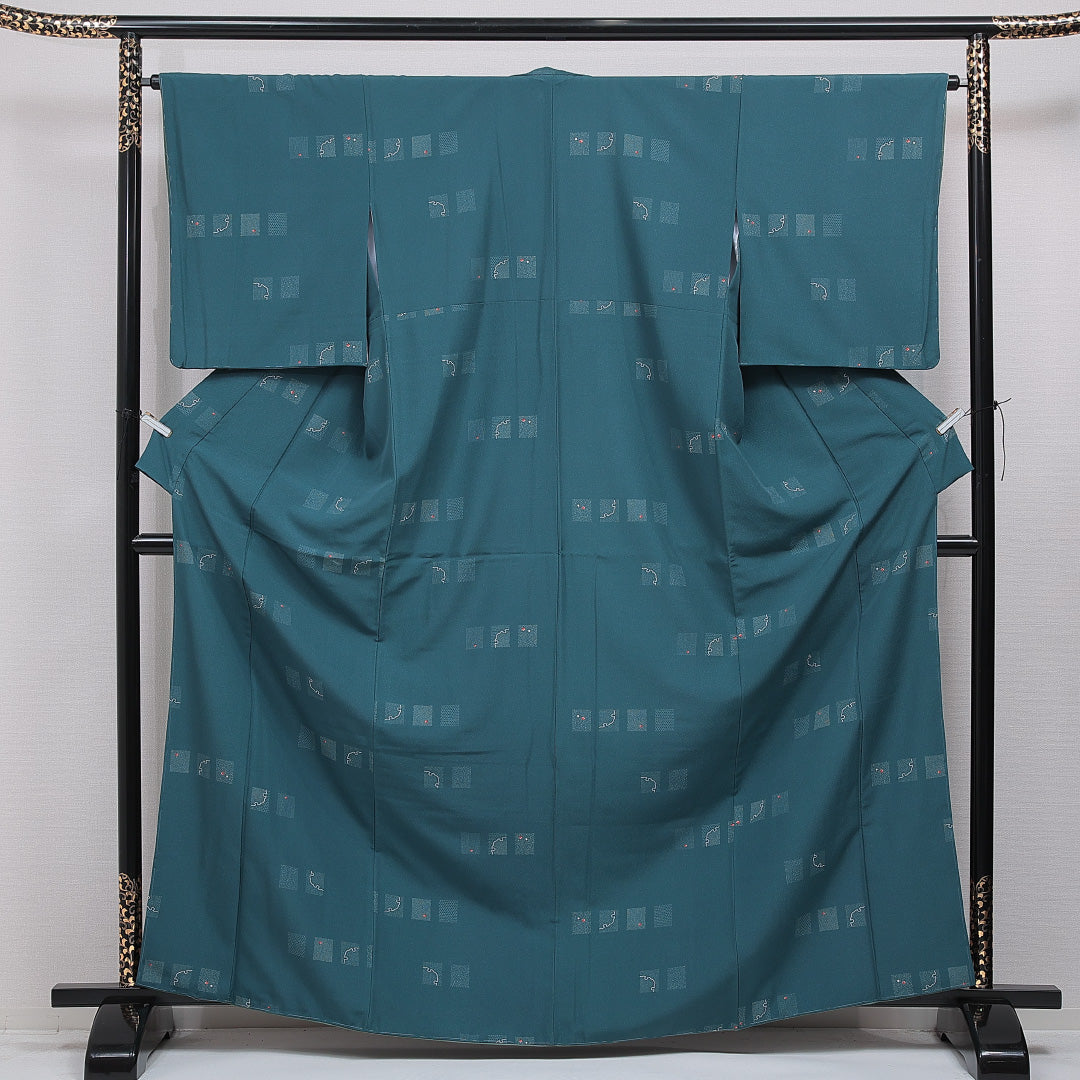 洗える着物 小紋 袷 身丈167cm 裄丈64cm ポリエステル Sランク インフォーマル 広衿 XLサイズ 創作柄 緑系 RP 1221-16258