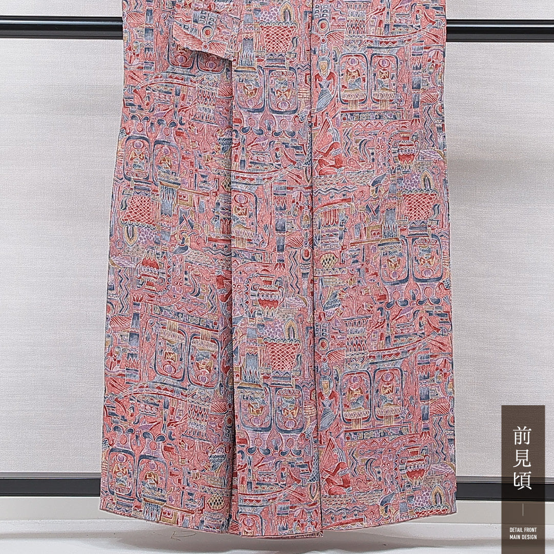 小紋 袷 身丈157cm 裄丈60cm 正絹 Aランク インフォーマル 広衿 Mサイズ コプト文様 ピンク系 RP 1221-15577