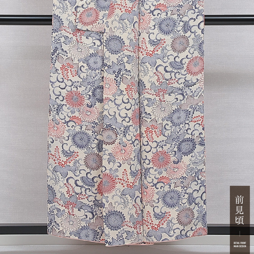 小紋 袷 身丈154cm 裄丈64cm 正絹 Sランク インフォーマル 広衿 Sサイズ 唐草 菊 桐 クリーム系 RP 1221-16084