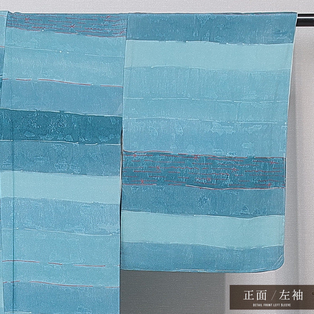 小紋 袷 身丈168cm 裄丈67cm 正絹 Cランク XLサイズ 広衿 インフォーマル 抽象柄 青系 水色系 1215-15656