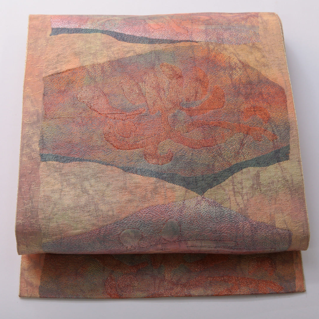 八寸名古屋帯 帯丈358cm カジュアル 名古屋仕立て 六通 帯芯なし Sランク 正絹 創作柄 ベージュ系 1224-03497