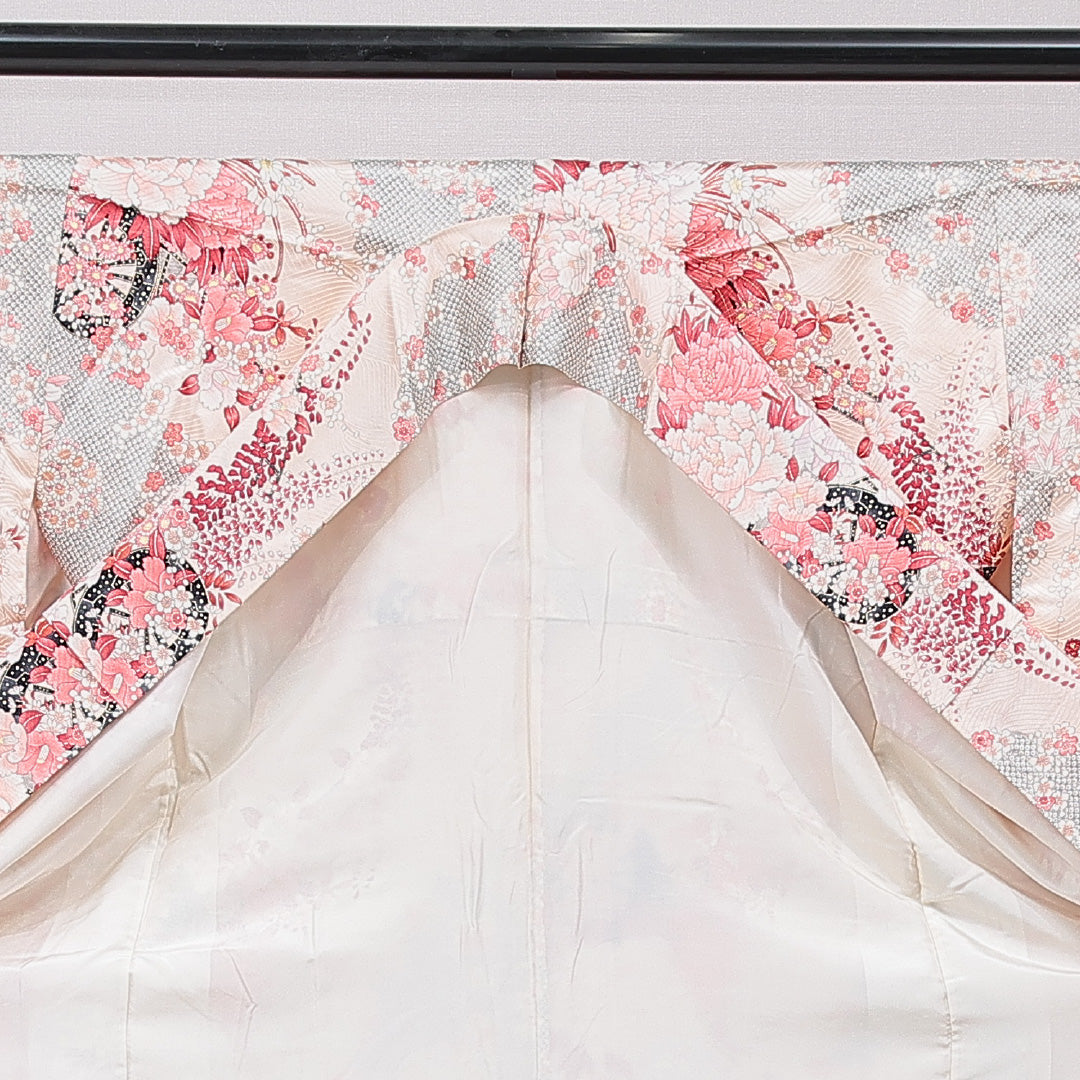 小紋 袷 身丈166cm 裄丈66cm 正絹 Cランク XLサイズ 広衿 インフォーマル 牡丹 ピンク系 1215-15647