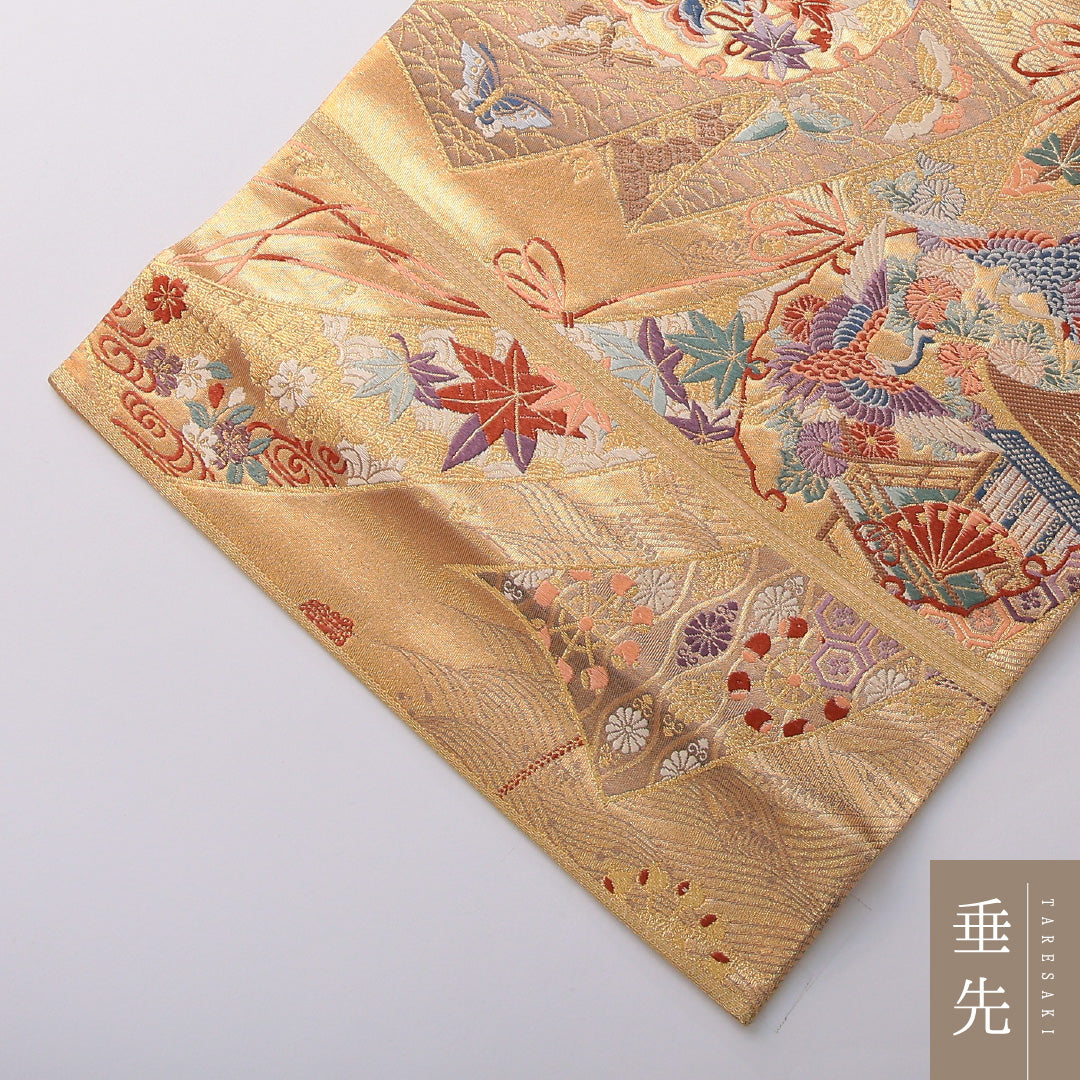袋帯 帯丈430cm 正絹 六通 フォーマル 熨斗 雪輪 吉祥文様 金系 1243-02054