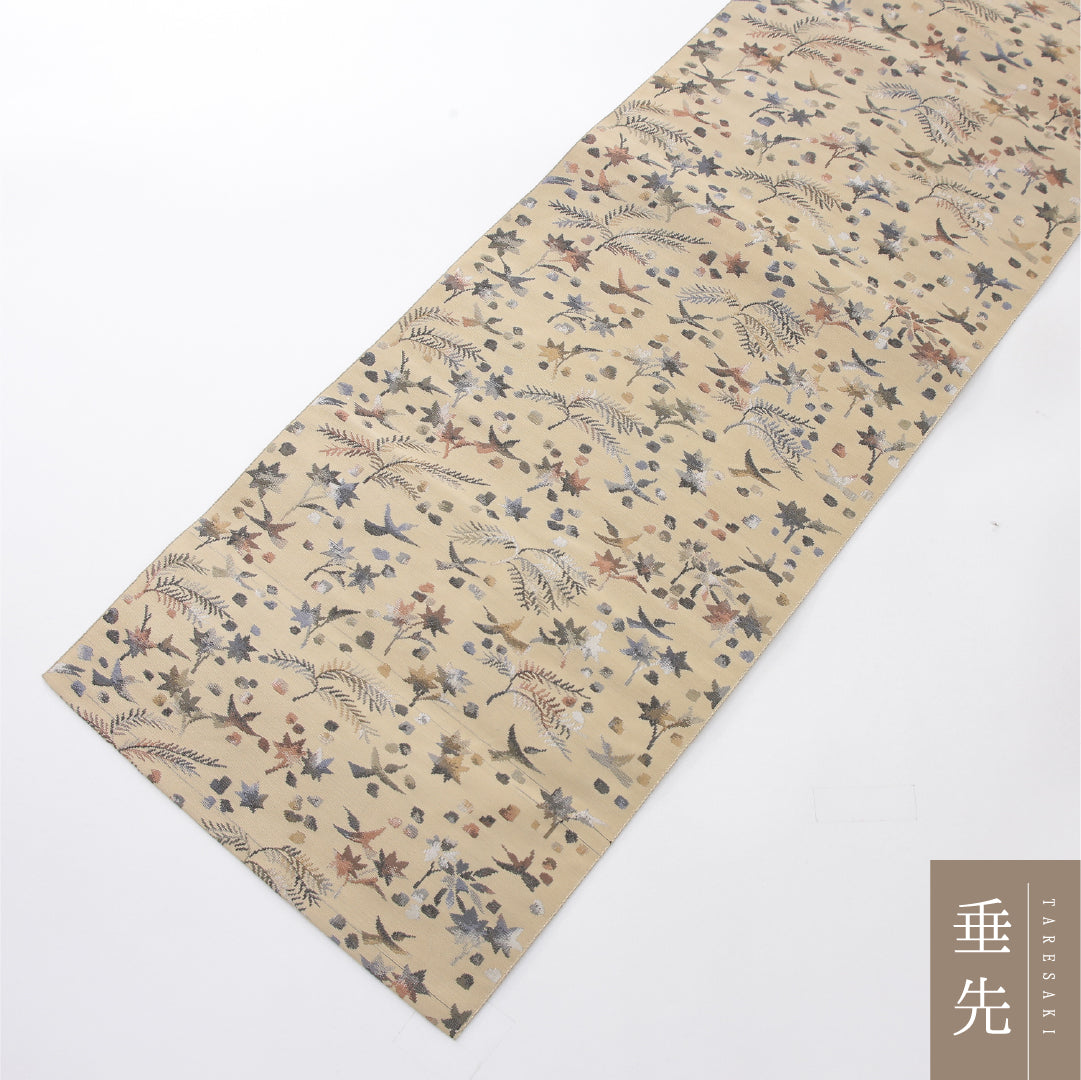 八寸名古屋帯 Sランク 帯丈357cm 正絹 全通 松葉仕立て 織り カジュアル 花鳥文 ベージュ系 RP 1245-03996