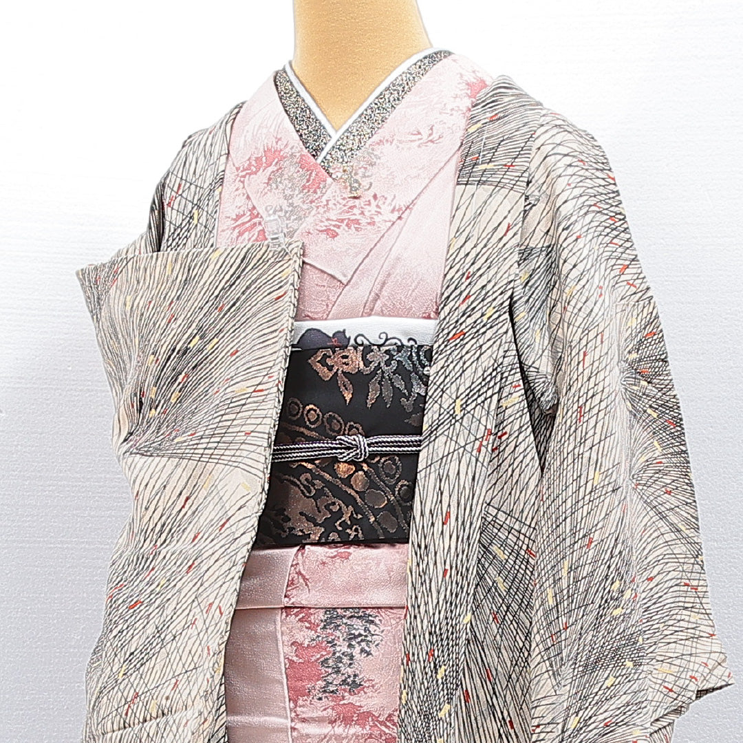 羽織 袷 身丈85cm 裄丈65cm 正絹 Bランク カジュアル Mサイズ 創作柄 ベージュ系 RP 1232-16807