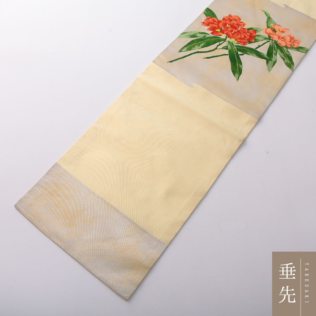 九寸名古屋帯 Aランク 帯丈350cm 正絹 ポイント柄 名古屋仕立て 織り インフォーマル 花柄 黄系 RP 1245-03528