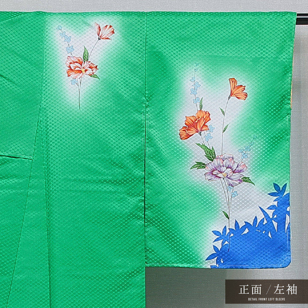 洗える着物 付下げ 袷 身丈162cm 裄丈66cm ポリエステル Aランク インフォーマル 広衿 Lサイズ 花柄 緑系 HP 1218-16399