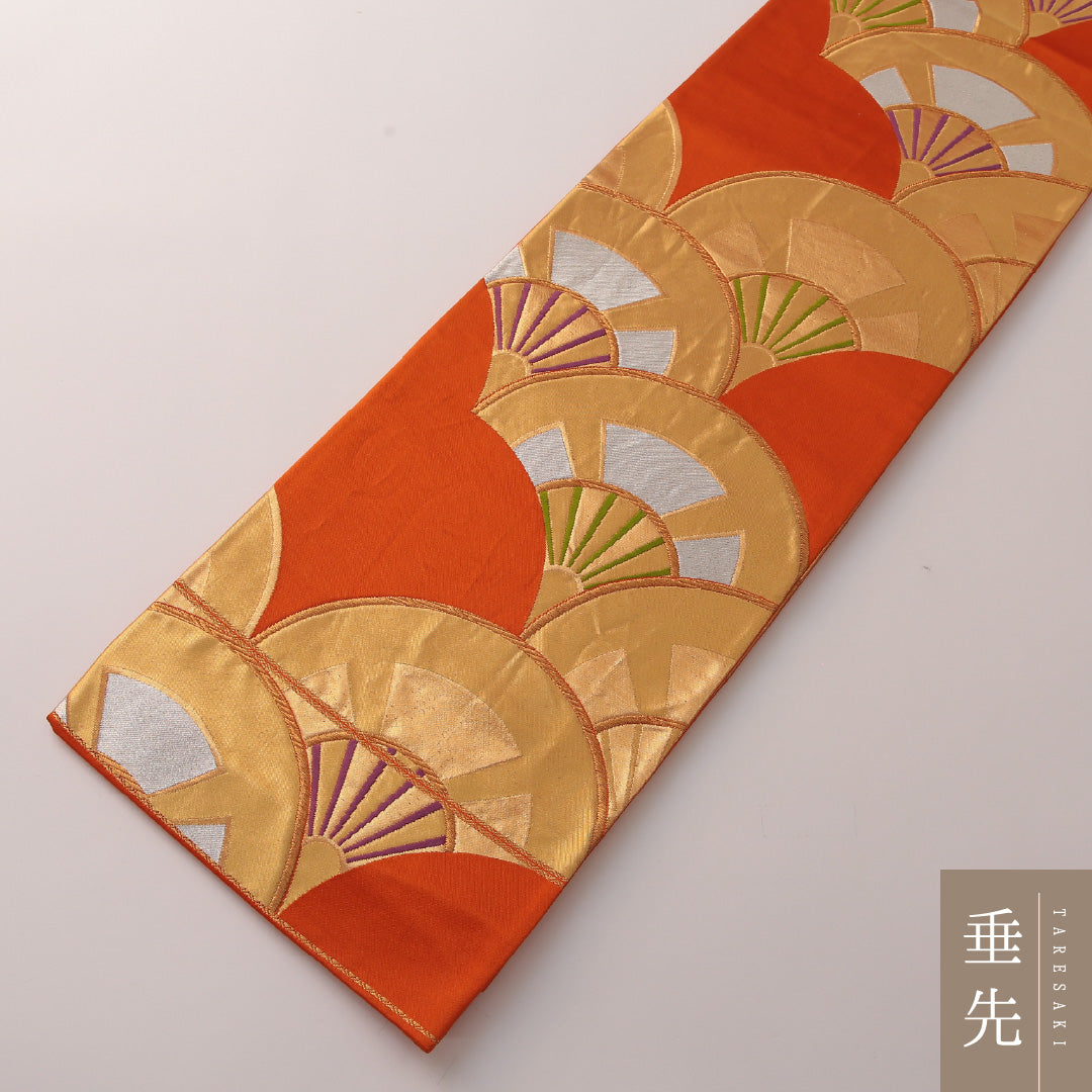 袋帯 帯丈420cm フォーマル 六通 Sランク 正絹 青海波 朱系 金系 1223-01896