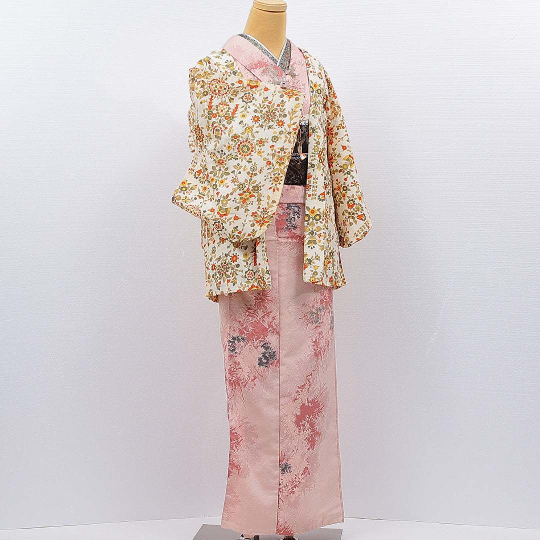 羽織 袷 身丈75cm 裄丈59cm 正絹 Cランク カジュアル Sサイズ 紐あり 創作柄 白系 HP 1232-15259