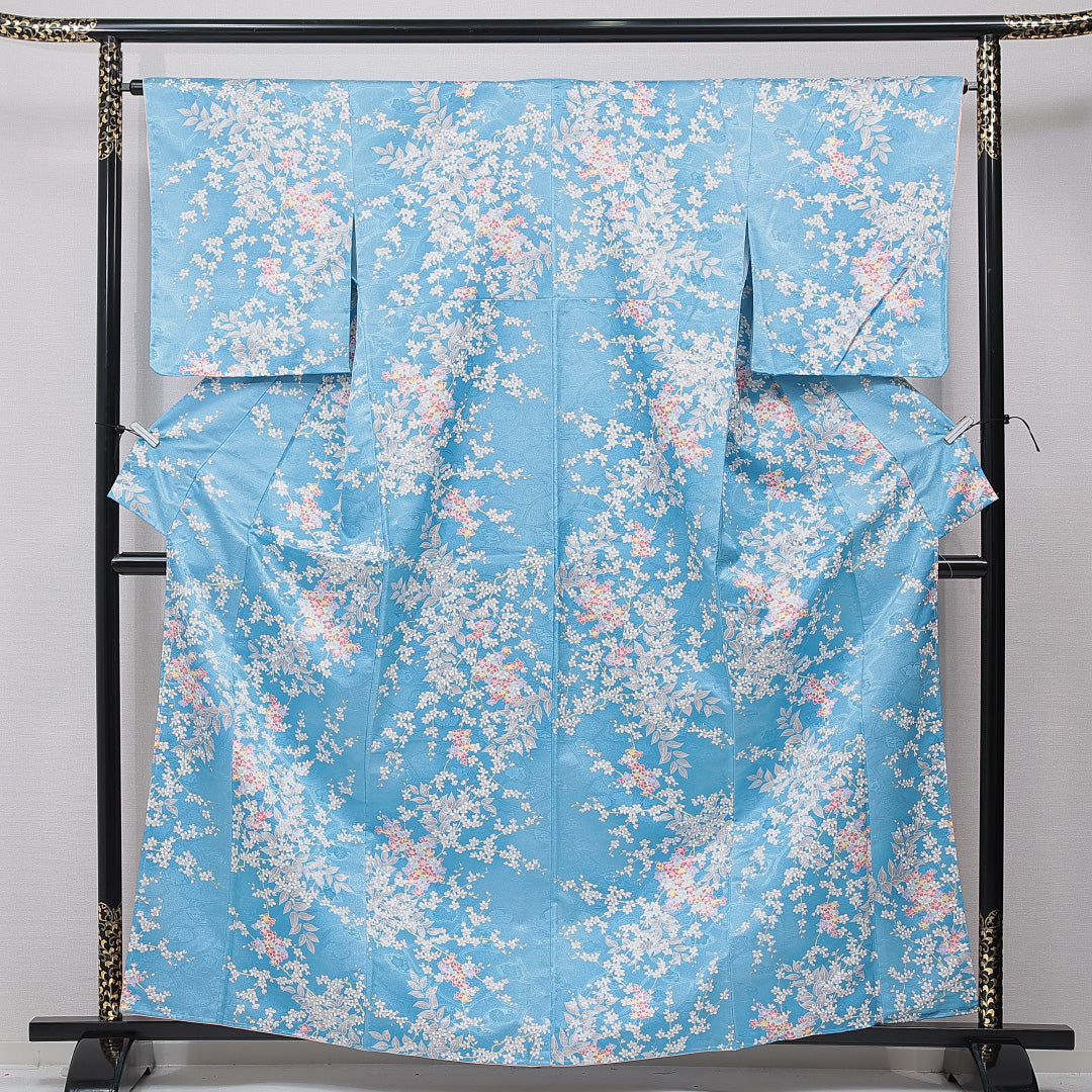 洗える着物 小紋 袷 身丈162cm 裄丈64cm ポリエステル Sランク インフォーマル 広衿 Lサイズ 桜 水色系 RP 1221-15833