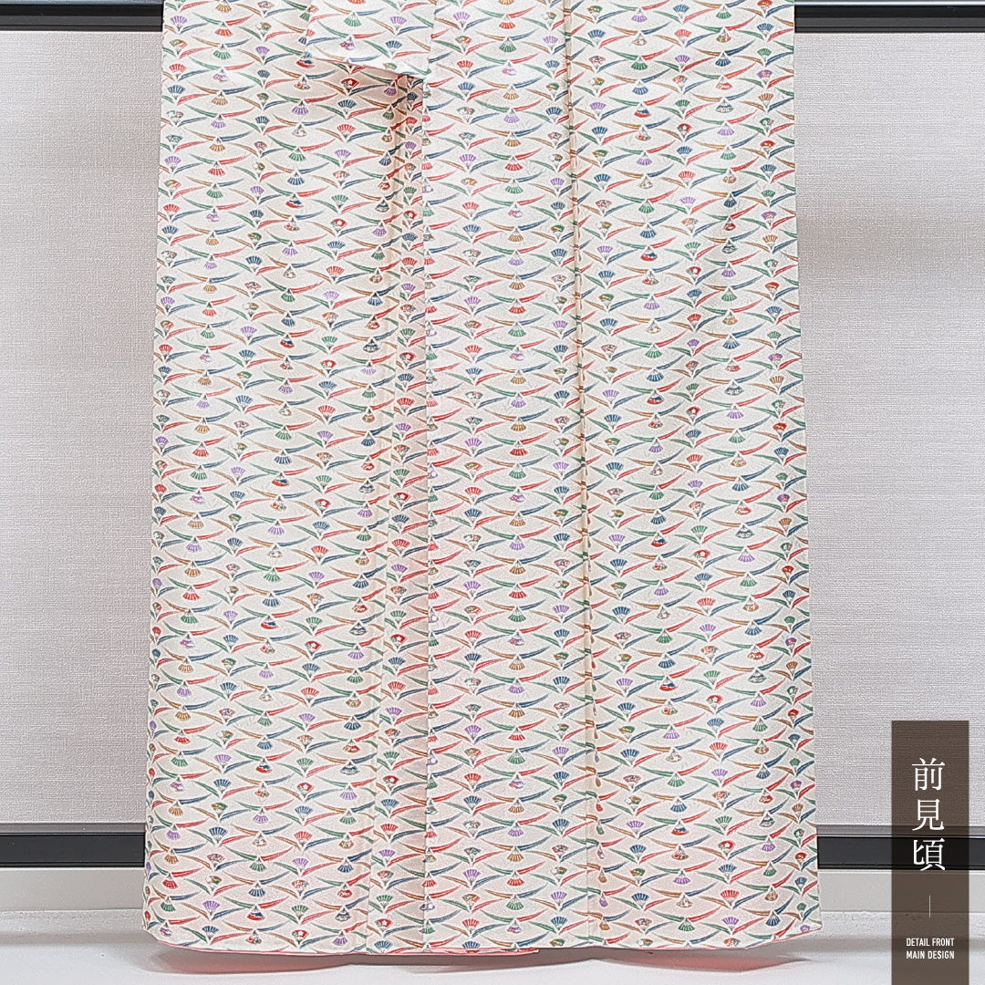 洗える着物 小紋 袷 身丈159cm 裄丈65cm ポリエステル Aランク インフォーマル 広衿 Mサイズ 扇 クリーム系 HP 1221-16303