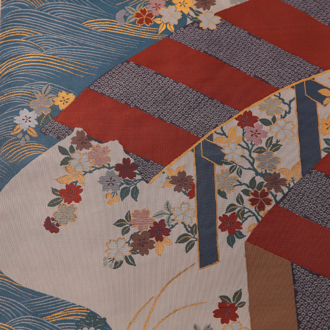 袋帯 帯丈432cm 正絹 全通 セミフォーマル 風景柄 桜 吉祥文様 多色系 1243-01932