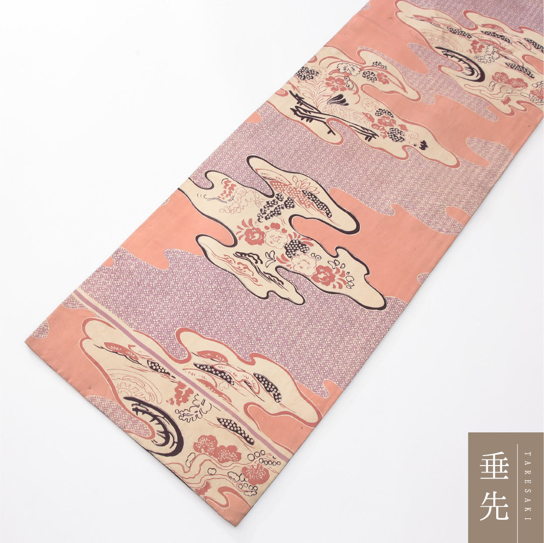 アンティーク 九寸名古屋帯 帯丈378cm 開き仕立て 全通 Aランク 正絹 染め帯 吉祥文様 道長取り ピンク系 1224-04175