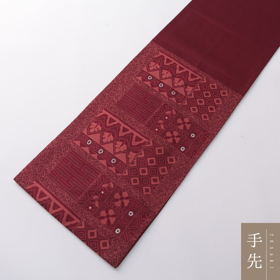 袋帯 帯丈436cm セミフォーマル 六通 帯芯なし Sランク 正絹 幾何学柄 赤系 1223-01973