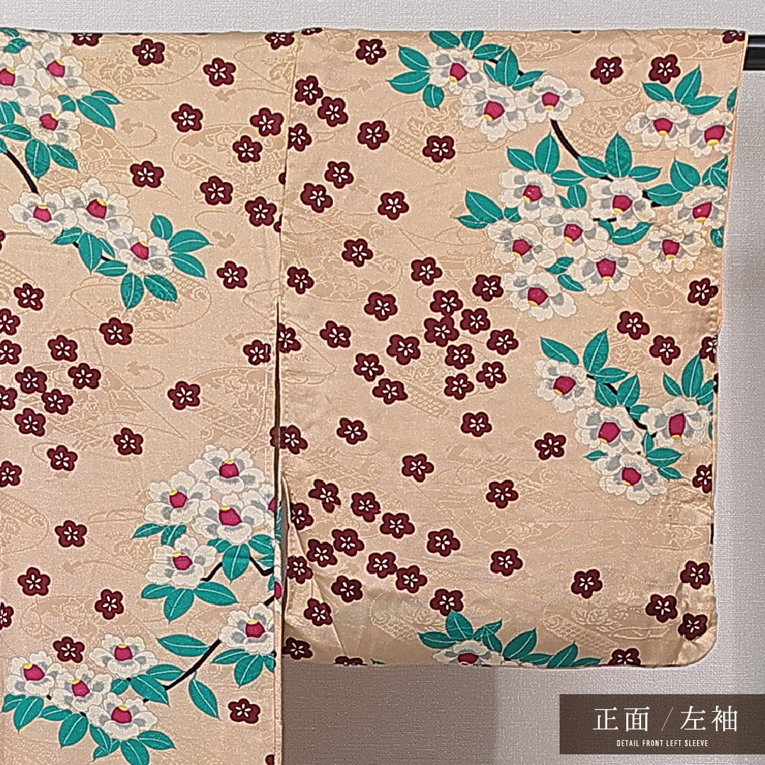 アンティーク 小紋 袷 身丈150cm 裄丈61cm 正絹 Cランク バチ衿 Sサイズ 椿 ベージュ系 M4 1221-16747