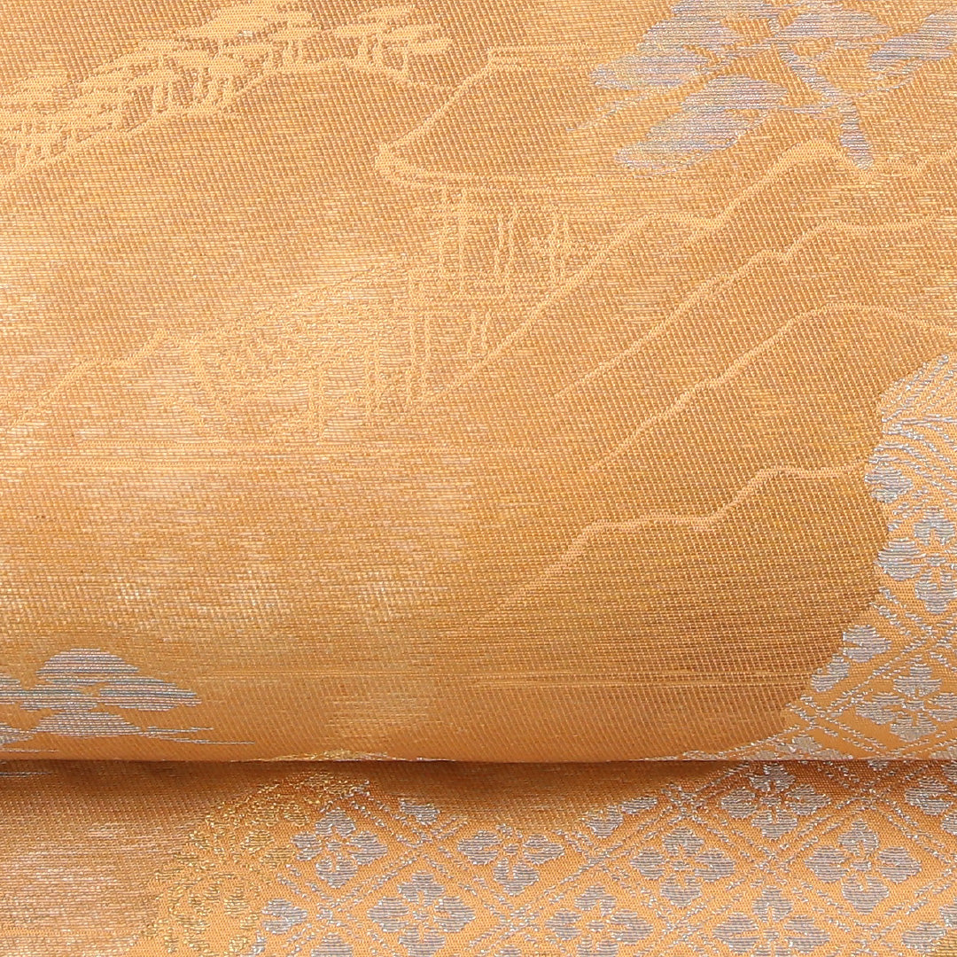袋帯 帯丈422cm 正絹 六通 フォーマル 楼閣 道長取り 山水 朱系 クリーム系 1243-02189