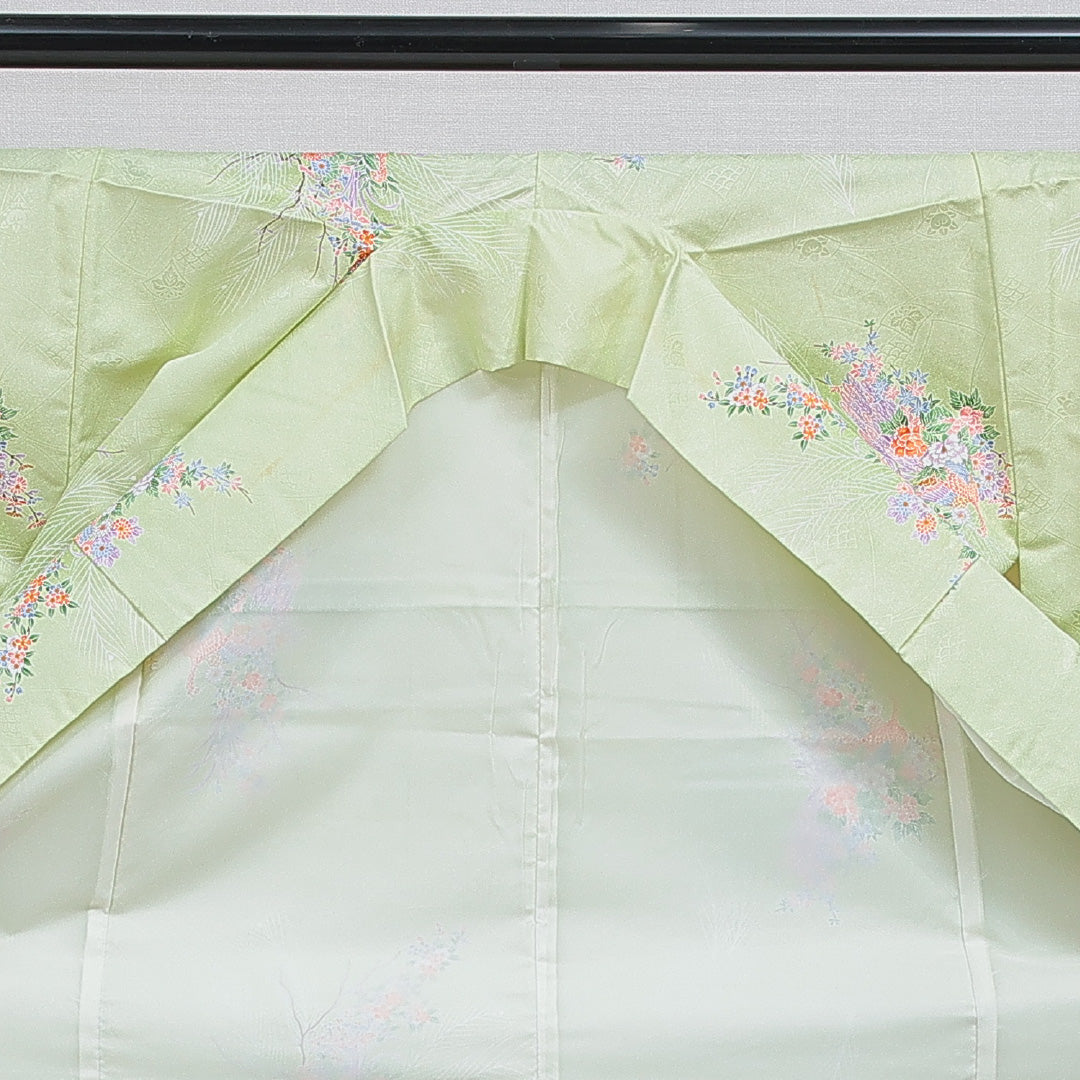 小紋 洗える着物 袷 身丈158cm 裄丈64cm ポリエステル Cランク Mサイズ 広衿 インフォーマル 花喰鳥 緑系 1215-16058