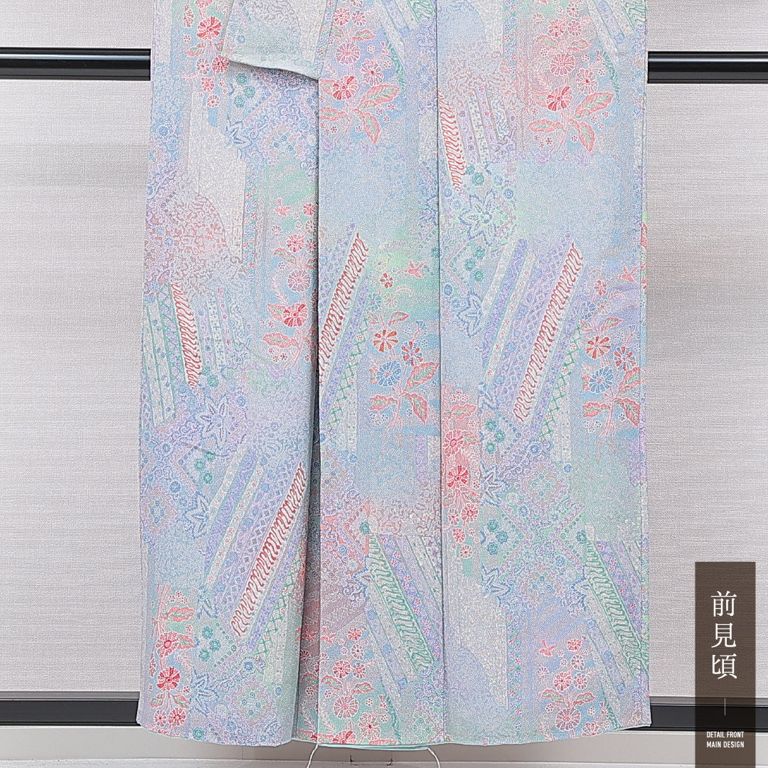 小紋 袷 身丈154cm 裄丈64cm 正絹 Sランク インフォーマル 広衿 Sサイズ 菊 グレー系 RP 1221-15526