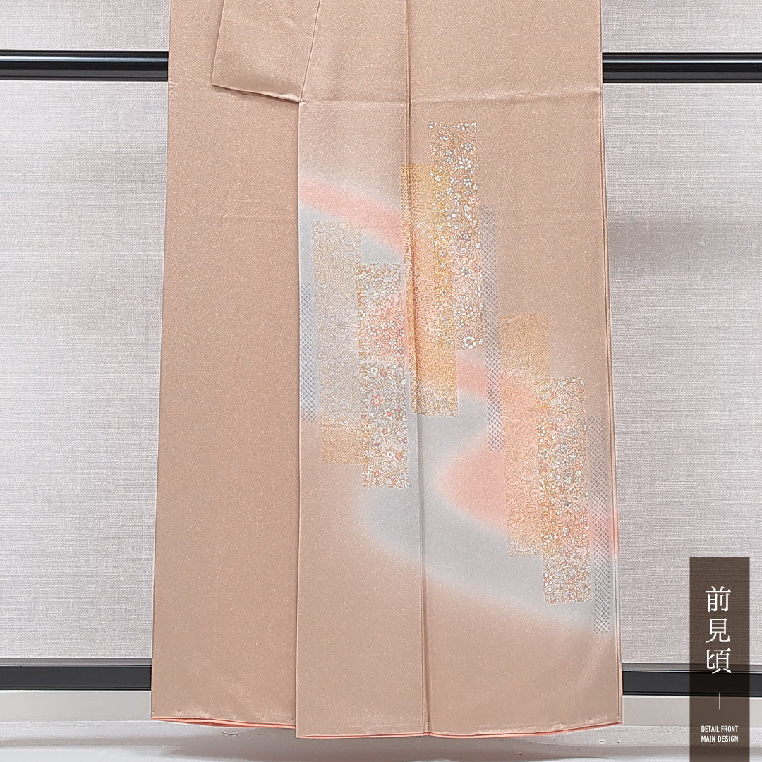 付下げ 袷 身丈157cm 裄丈64cm 正絹 Bランク インフォーマル 広衿 Mサイズ 花柄 吉祥文様 茶系 RP 1218-15893