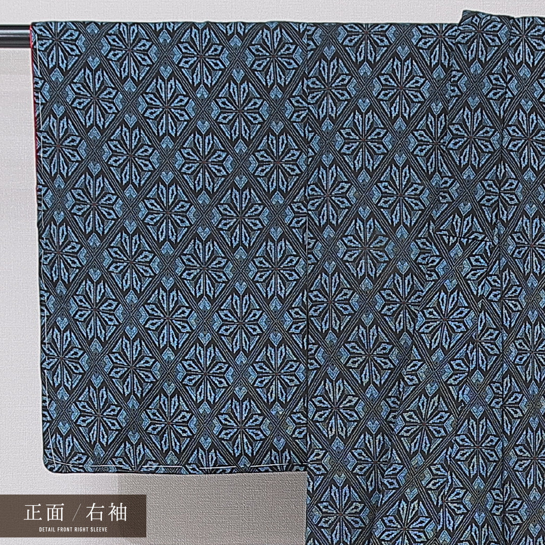 小紋 袷 身丈146cm 裄丈57cm 正絹 Bランク インフォーマル バチ衿 XSサイズ 幾何学柄 紺系 RP 1221-15146