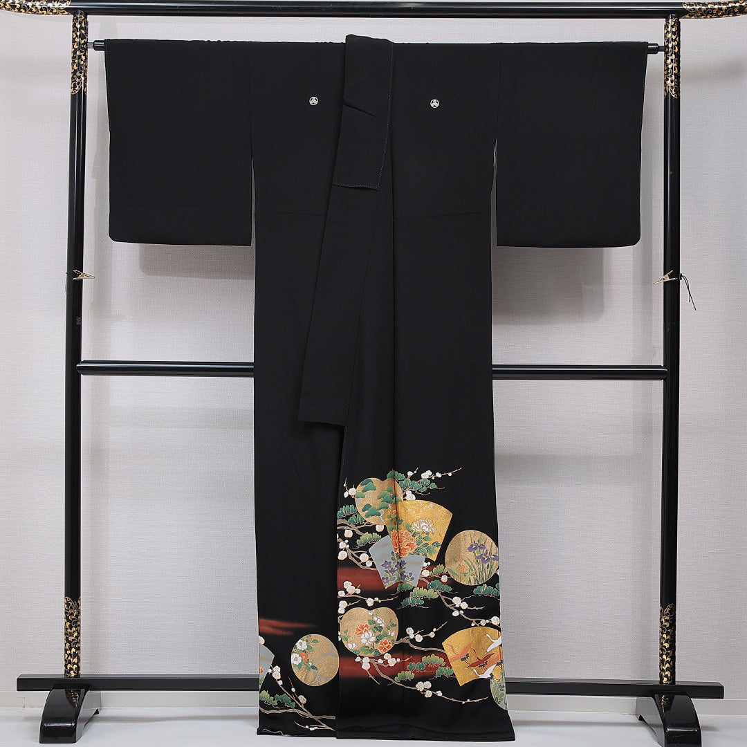 黒留袖 袷 身丈166cm 裄丈66cm 五つ紋 丸に三つ柏 フォーマル Cランク XLサイズ 正絹 比翼仕立て 広衿 扇 梅 松 1211-F0738