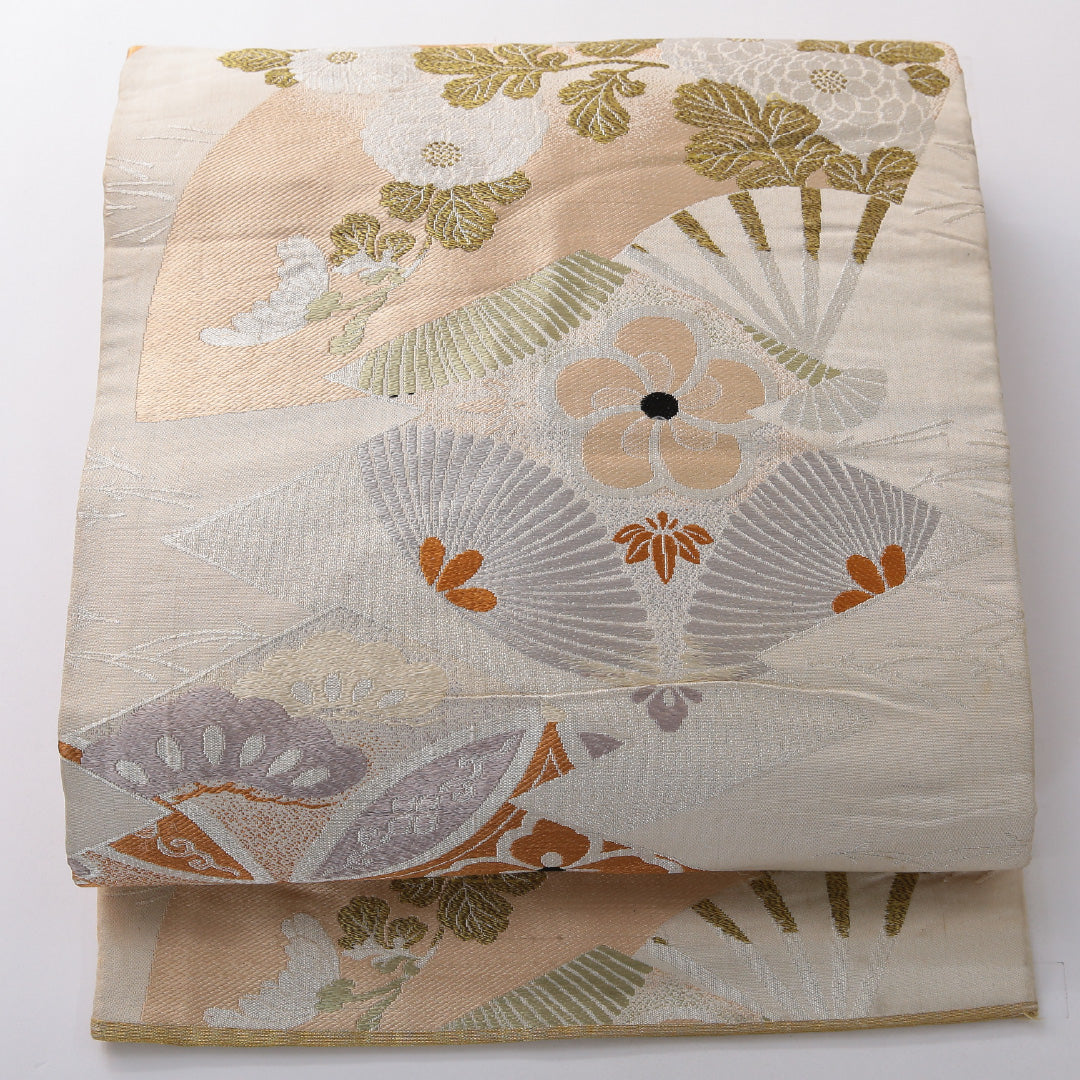 アンティーク 九寸名古屋帯 帯丈370cm 名古屋仕立て 全通 Cランク 正絹 扇 梅 クリーム系 1224-03813