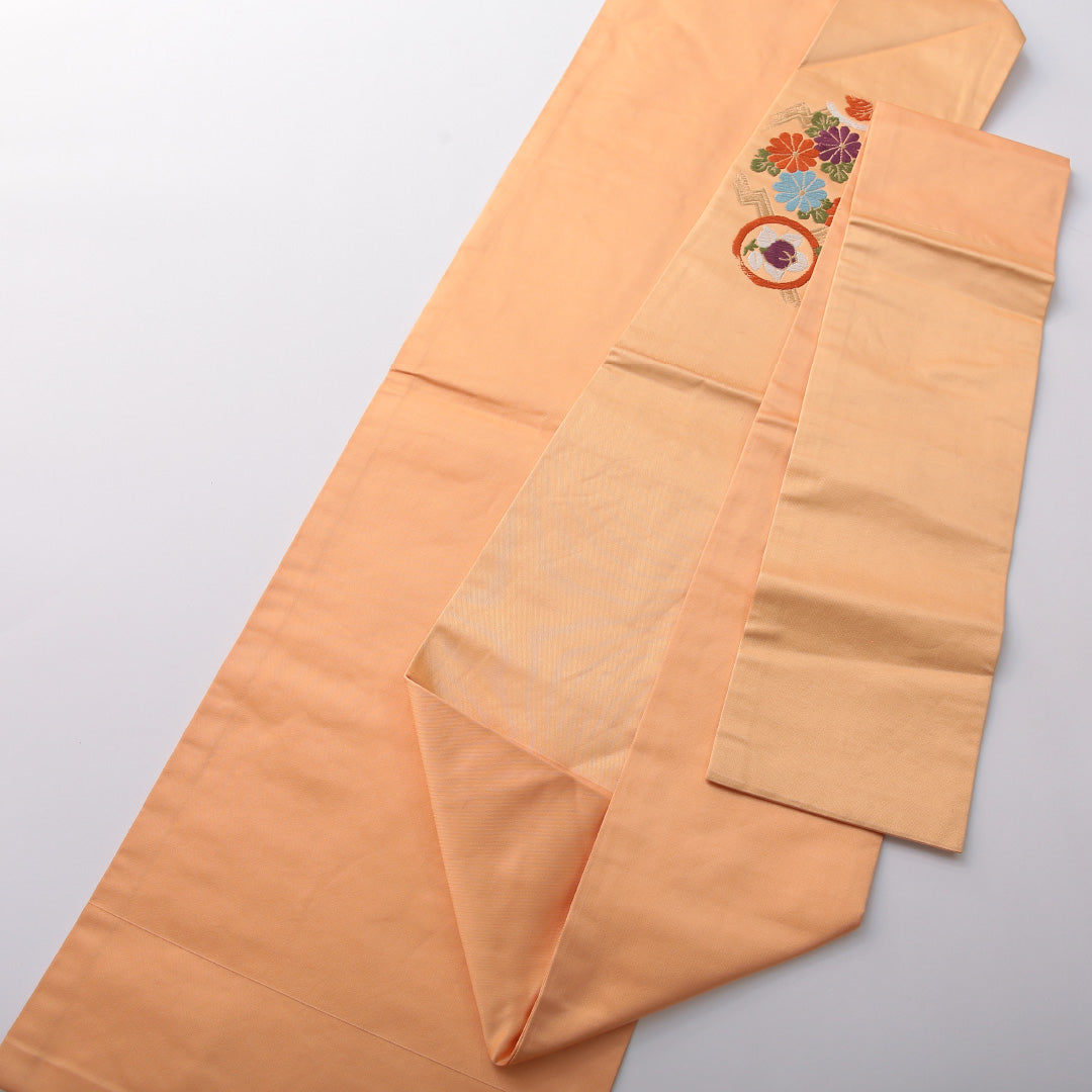 九寸名古屋帯 帯丈354cm セミフォーマル 名古屋仕立て ポイント柄 Cランク 正絹 菊 朱系 1224-03552