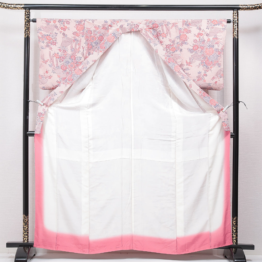 小紋 袷 身丈163cm 裄丈62cm 正絹 Sランク インフォーマル バチ衿 Lサイズ 扇 梅 ピンク系 RP 1221-15553