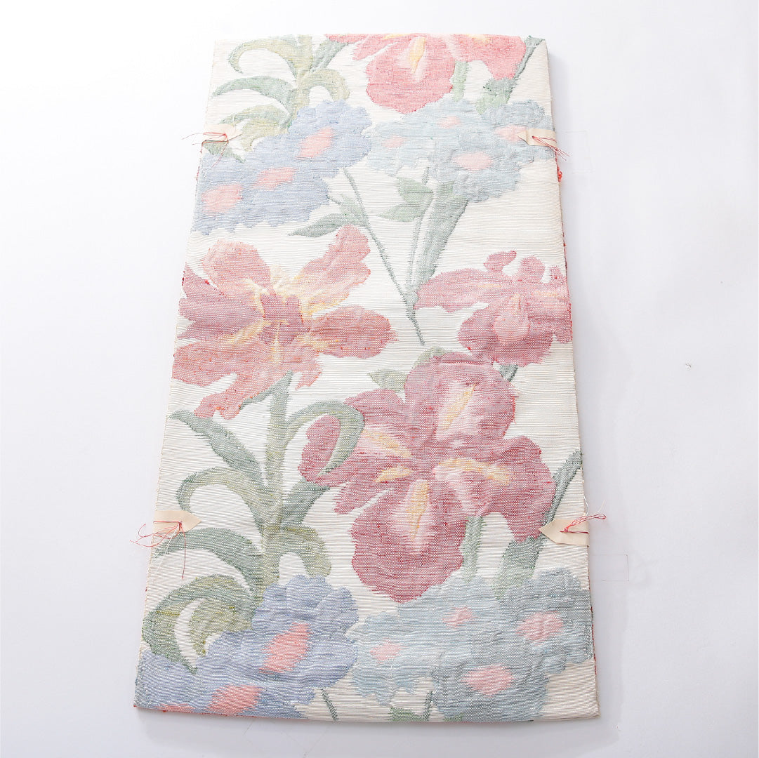 八寸名古屋帯（紬） 帯丈366cm カジュアル 松葉仕立て 六通 Aランク 正絹 花柄 クリーム系 1224-03909