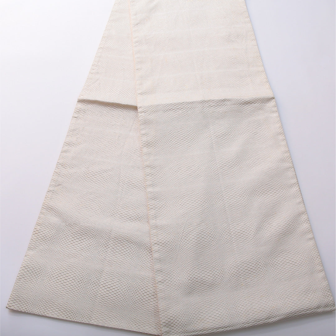 九寸名古屋帯 帯丈374cm カジュアル 開き仕立て 全通 リバーシブル Cランク 正絹 幾何学柄 クリーム系 1224-03402